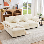 Divano angolare modulare con pouf, 4 cuscini e braccioli regolabili, in ciniglia beige 218 × 156,5 × 86 cm