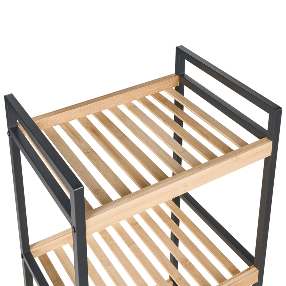 Scaffale da bagno a 4 ripiani con struttura in acciaio nero Accessori da bagno Bambù marrone chiaro