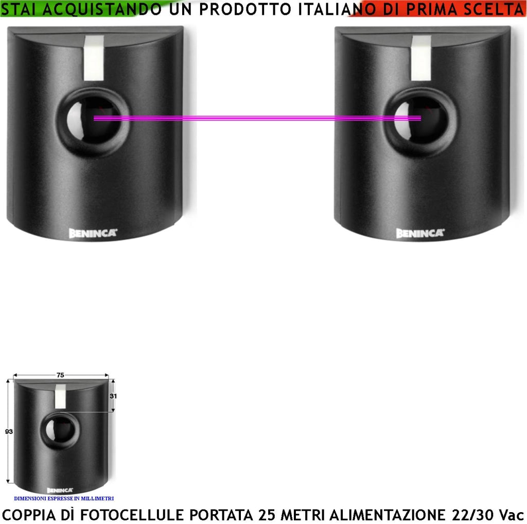 Coppia Fotocellule Benincà Controllo di Sicurezza per Cancello Elettrico Automatico Portata 25 Metri Lineari Montaggio a Parete o Palina Alimentazione 24/30 Vac