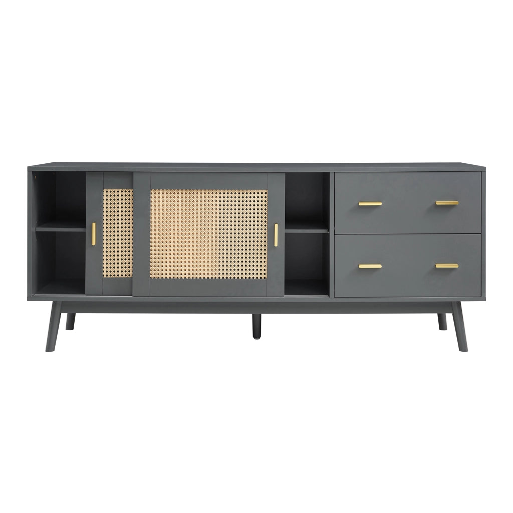 Mobile Porta TV Susa con Cassetti e Ante Scorrevoli in Polyrattan 160x40x65 cm Grigio [en.casa]