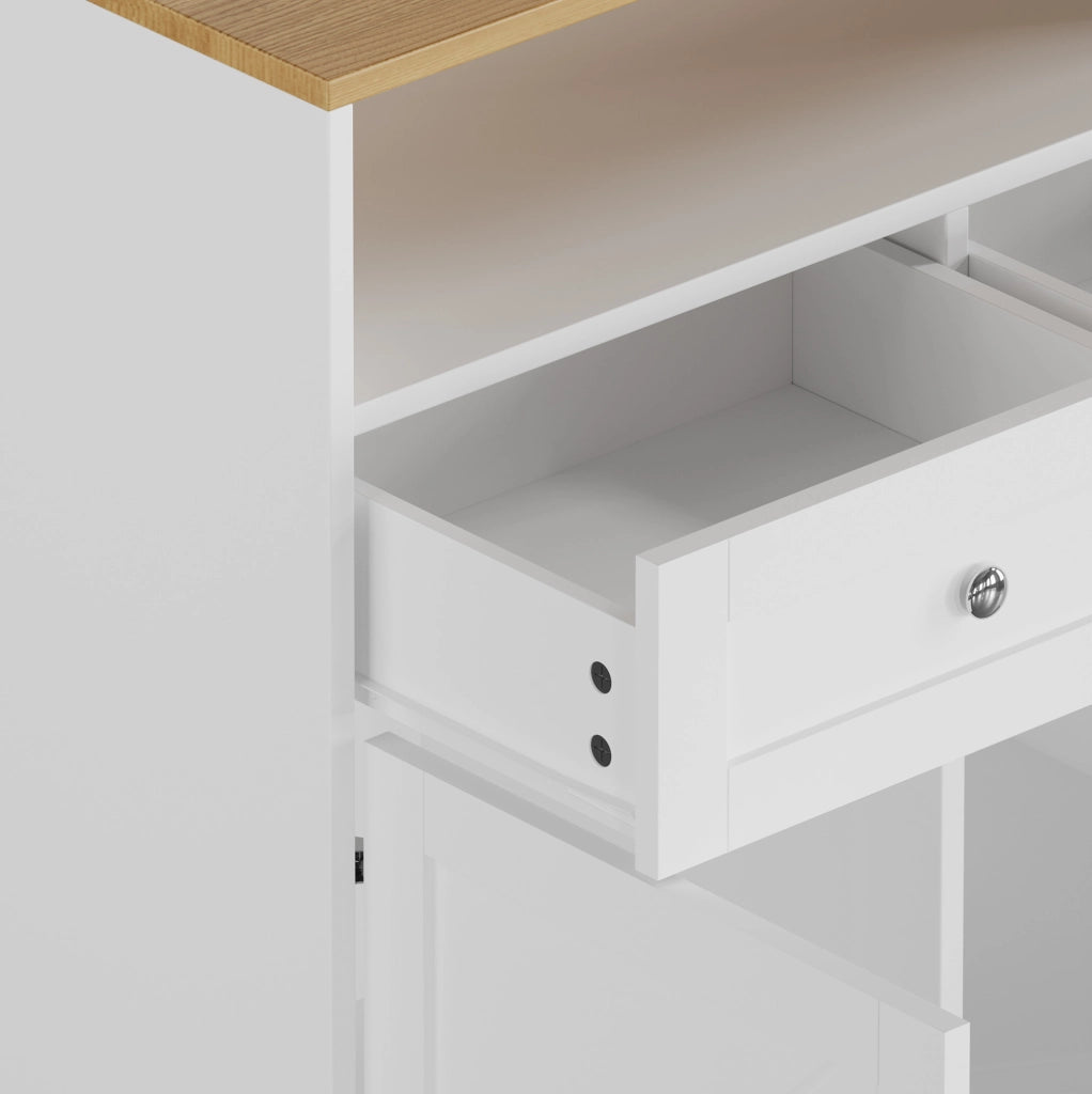 Sideboard 80x40x175 cm con pannello forato e ante stile fienile in MDF e pannelli di particelle bianco e naturale