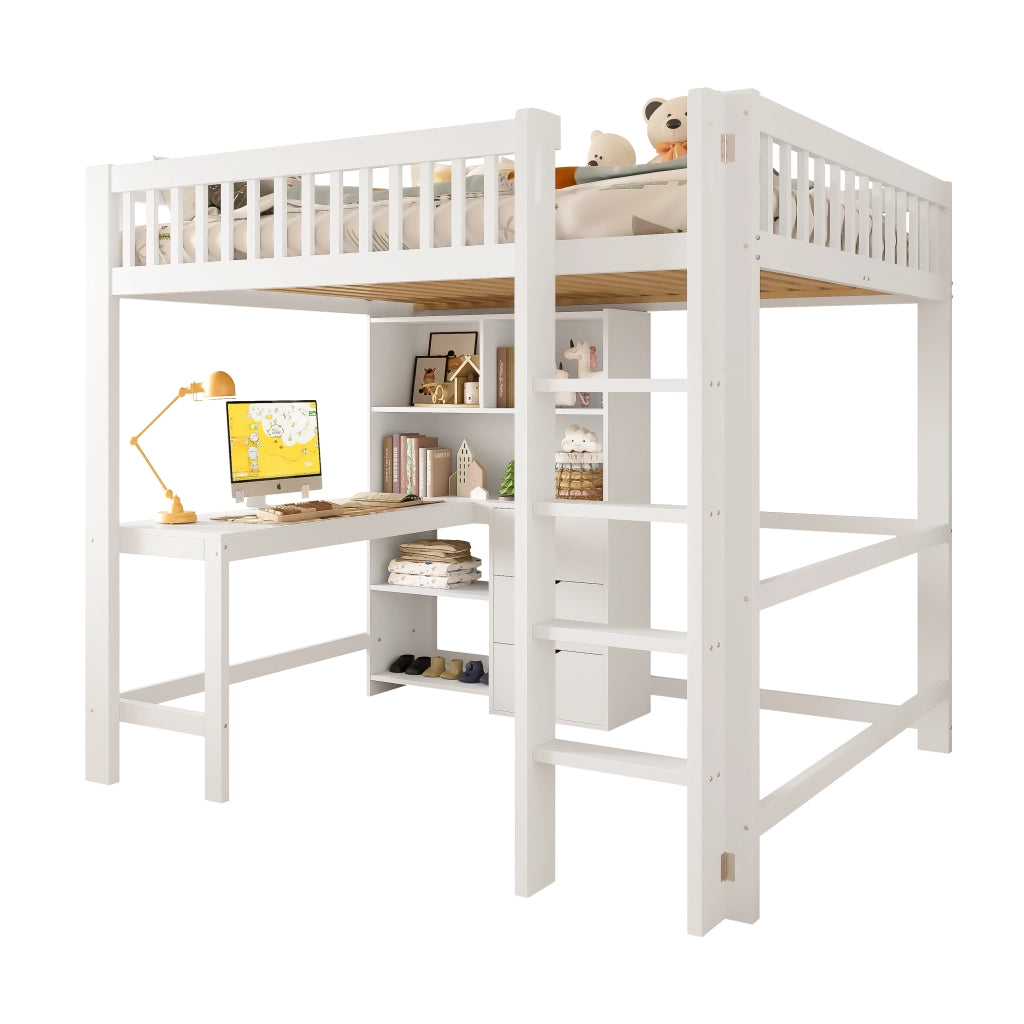 Hochbett bianco in pino con scrivania e 3 cassetti 140x200 cm