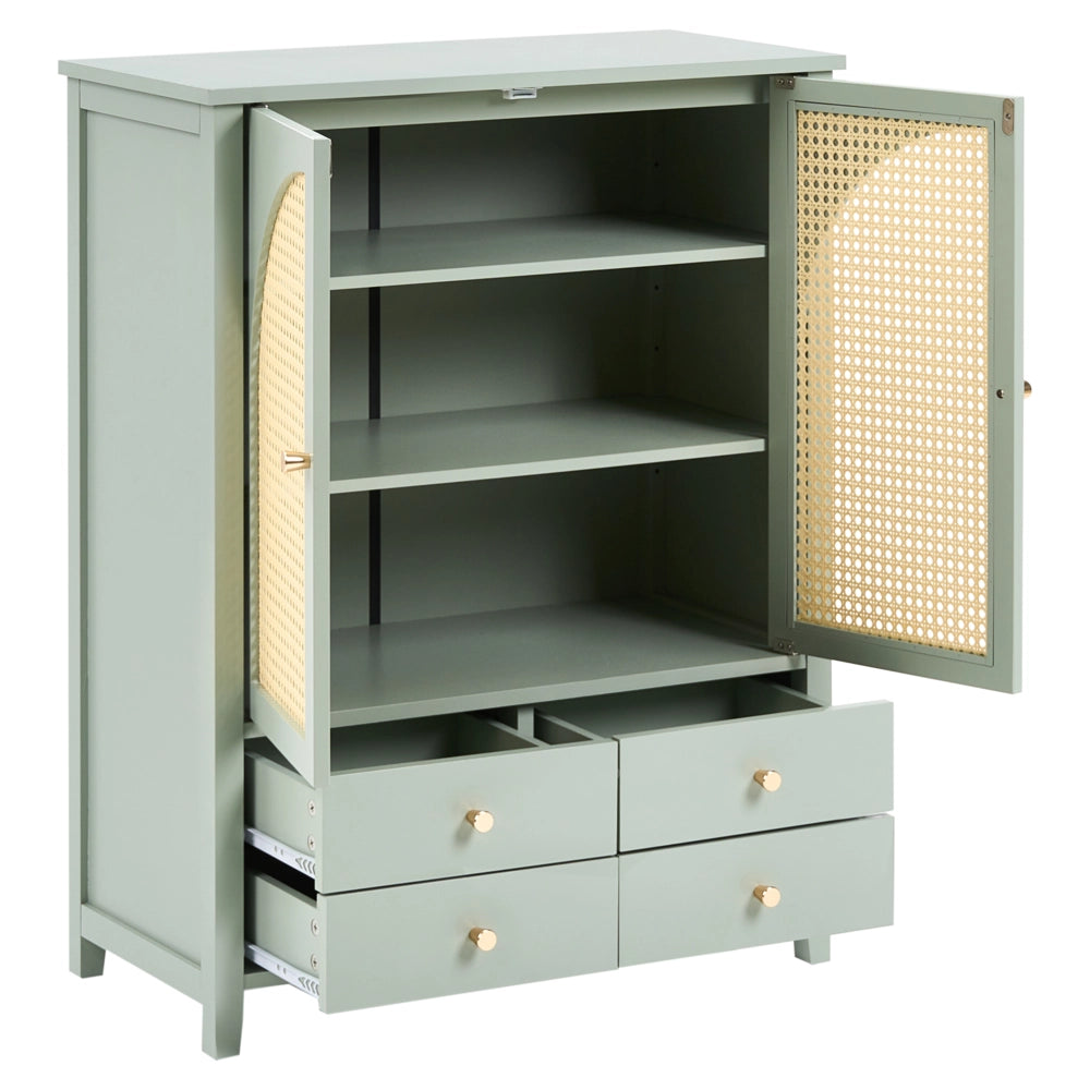Scarpiera con 4 cassetti e 3 ripiani in legno MDF rattan PE verniciato stile boho verde menta