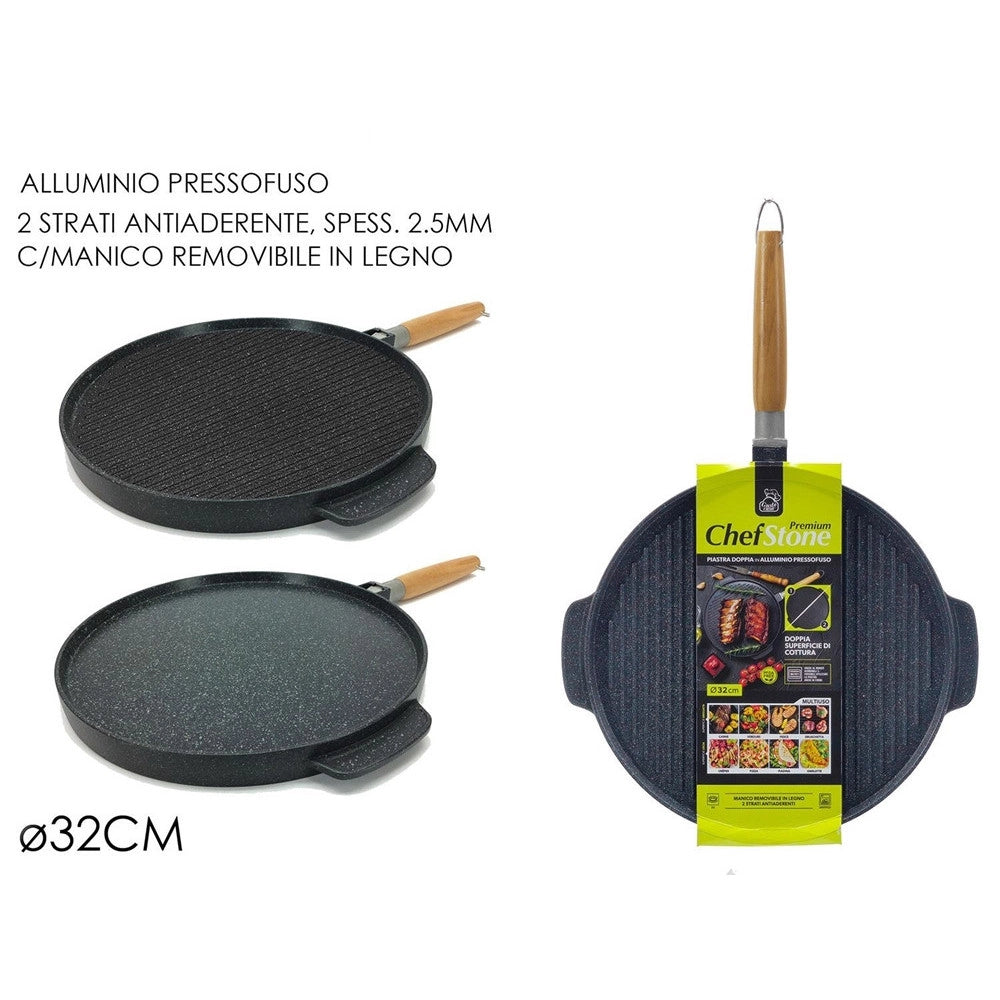 Trade Shop - Padella Piastra Bistecchiera Doppia Tonda 2 In 1 Antiaderente In Alluminio Legno ø32cm -
