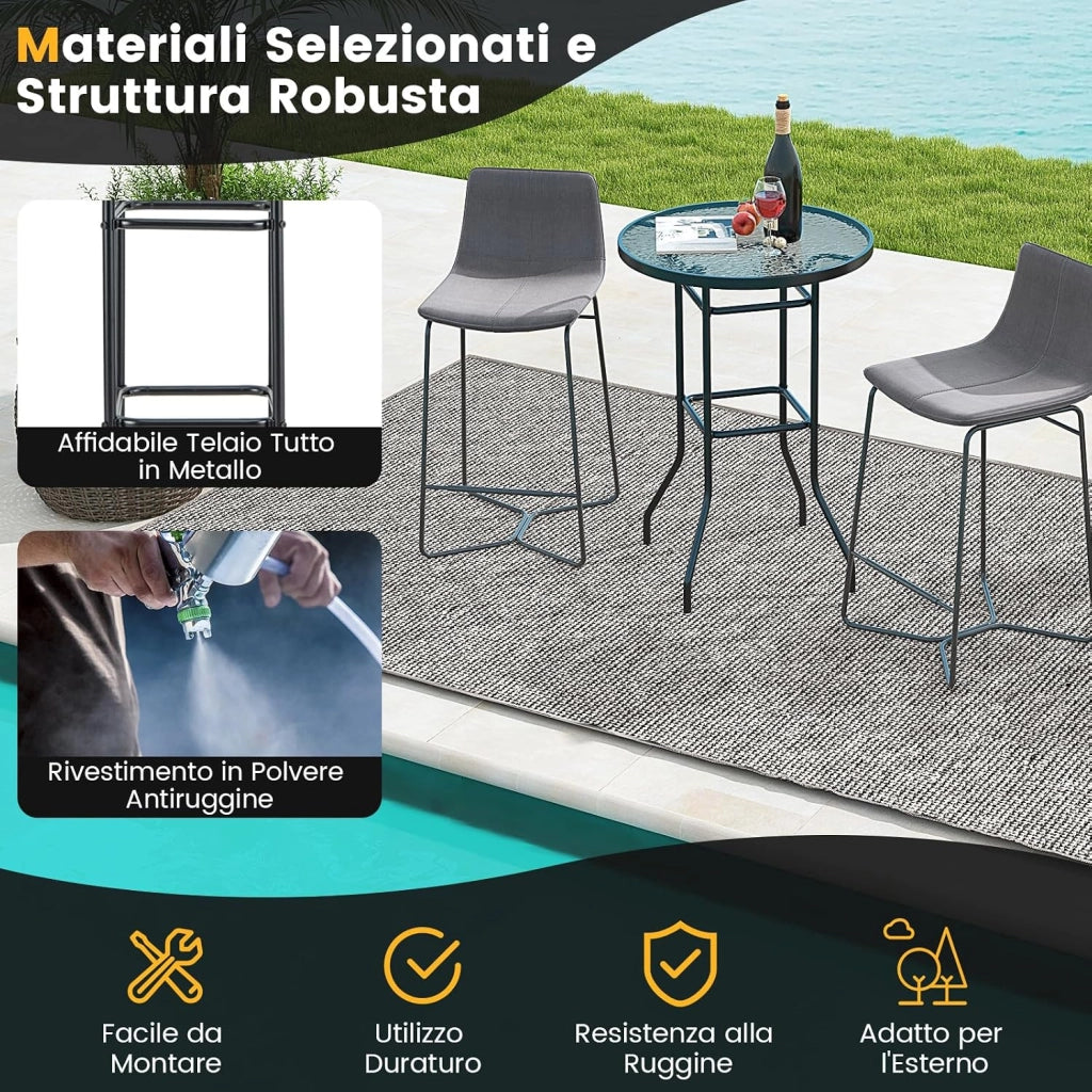 Tavolo da Bar per Giardino, Tavolo 97 cm con Piano in Vetro Temperato e Telaio in Metallo, Tavolo da Esterno per Giardino, Balcone, Cortile, Bordo, 68 x 68 x 97 cm