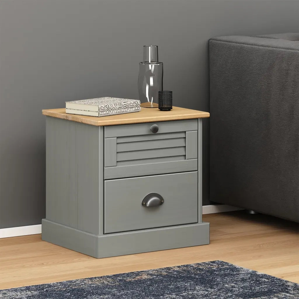 Comodino VIGO Grigio 42x35x42 cm in Legno Massello di Pino 353159