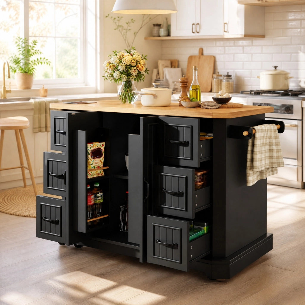 CARRELLO CUCINA con 2 ante e 6 cassetti 120x45x91 cm MDF Nero