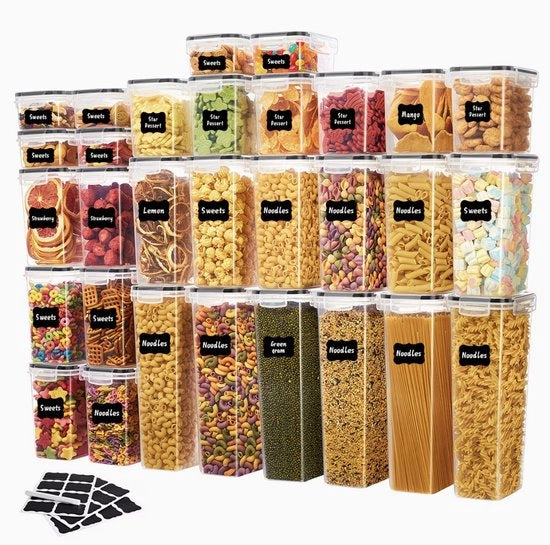 Set di contenitori per alimenti a 60 pezzi con coperchi – Contenitori a chiusura ermetica per la conservazione alimentare – Inclusi 30 contenitori + 30 coperchi – Con etichette e pennarelli – Ideale per riso, pasta, cereali, noci e chicchi di caffè