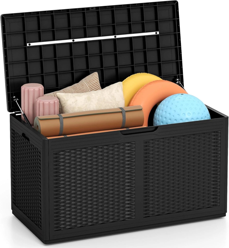 Scatola da giardino da 380 l, impermeabile, con coperchio e 2 ruote, per balcone, terrazza e cortile, 111 x 56 x 61 cm (nero)