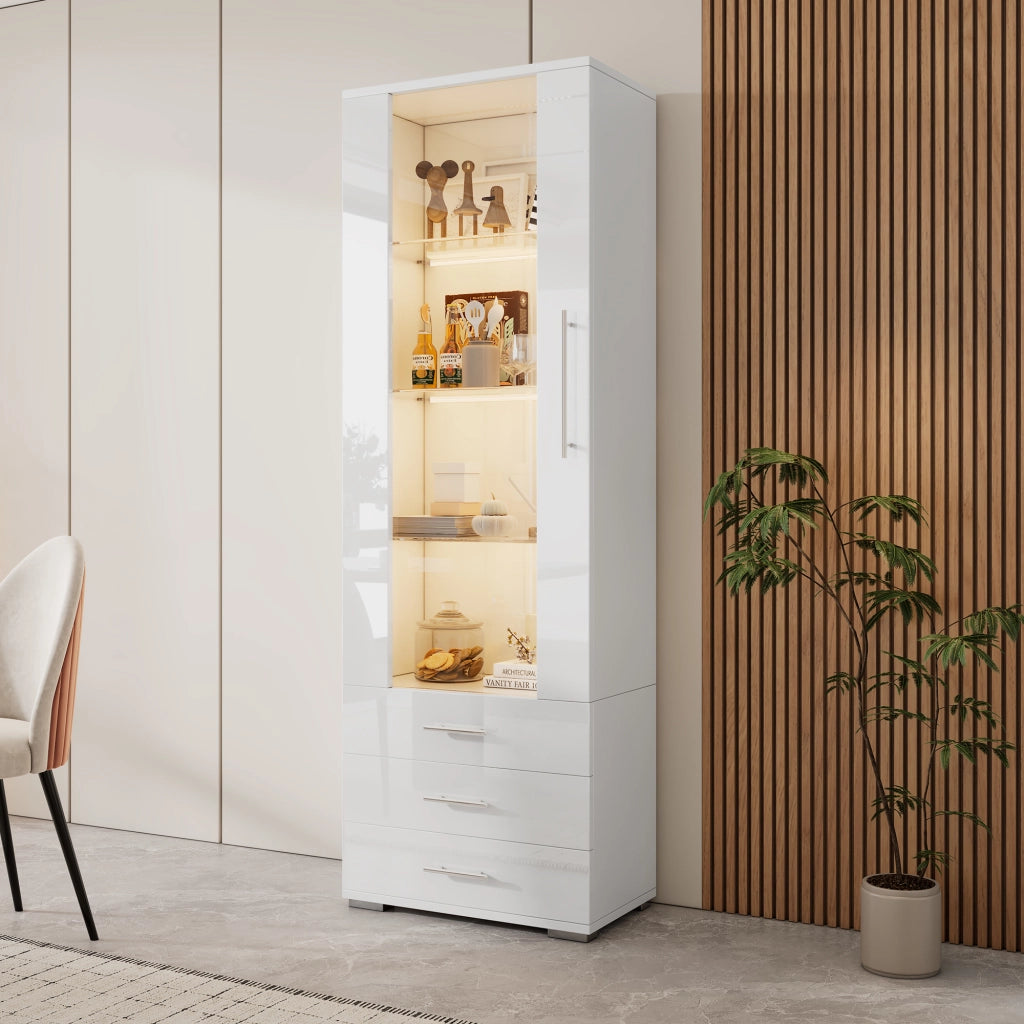 Vetrina con LED da app, 1 anta e 3 cassetti, fronte lucido, per soggiorno, in MDF, bianco, 60 × 35 × 180 cm