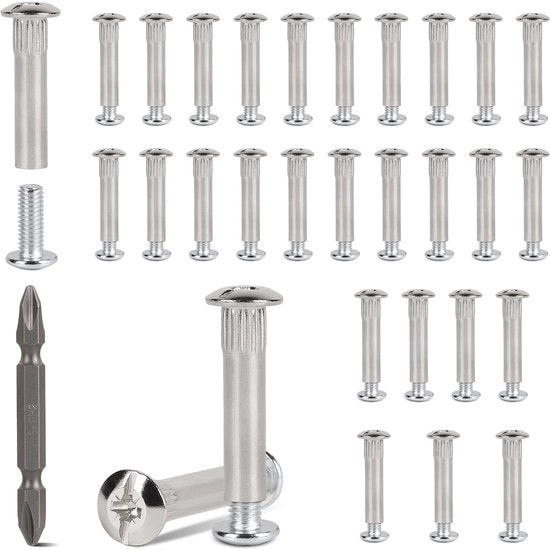 Connettori per mobili a 30 set - Viti a guscio M6 - Connettori per mobili - Acciaio verniciato - Testa a croce PH2 - Per spessore di legno 36-46 mm - Connettori per mobili