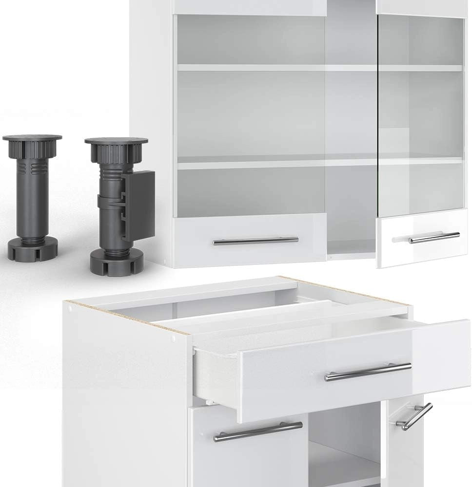 Cucina completa Fame-Line, Bianco lucido/bianco, 140 cm, PL Marmo, compatibile con i comuni elettrodomestici e abbinabile ai lavelli