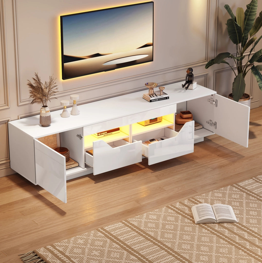 Mobile TV 180x40x45 cm con LED; 2 cassetti e 2 ante in truciolare bianco