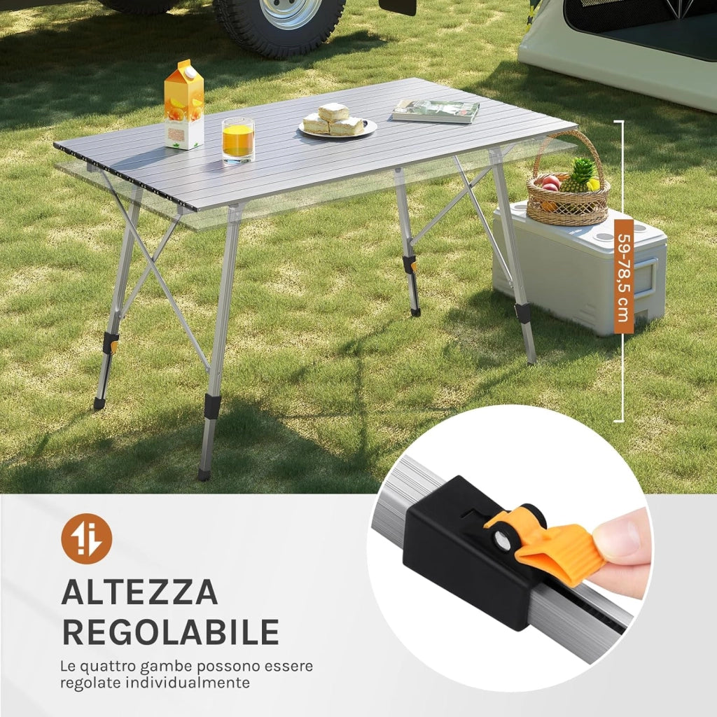 Tavolo da Campeggio Pieghevole Portatile in Alluminio per Picnic Giardino Altezza Regolabile 120x68,5x59/78,5 cm Argento
