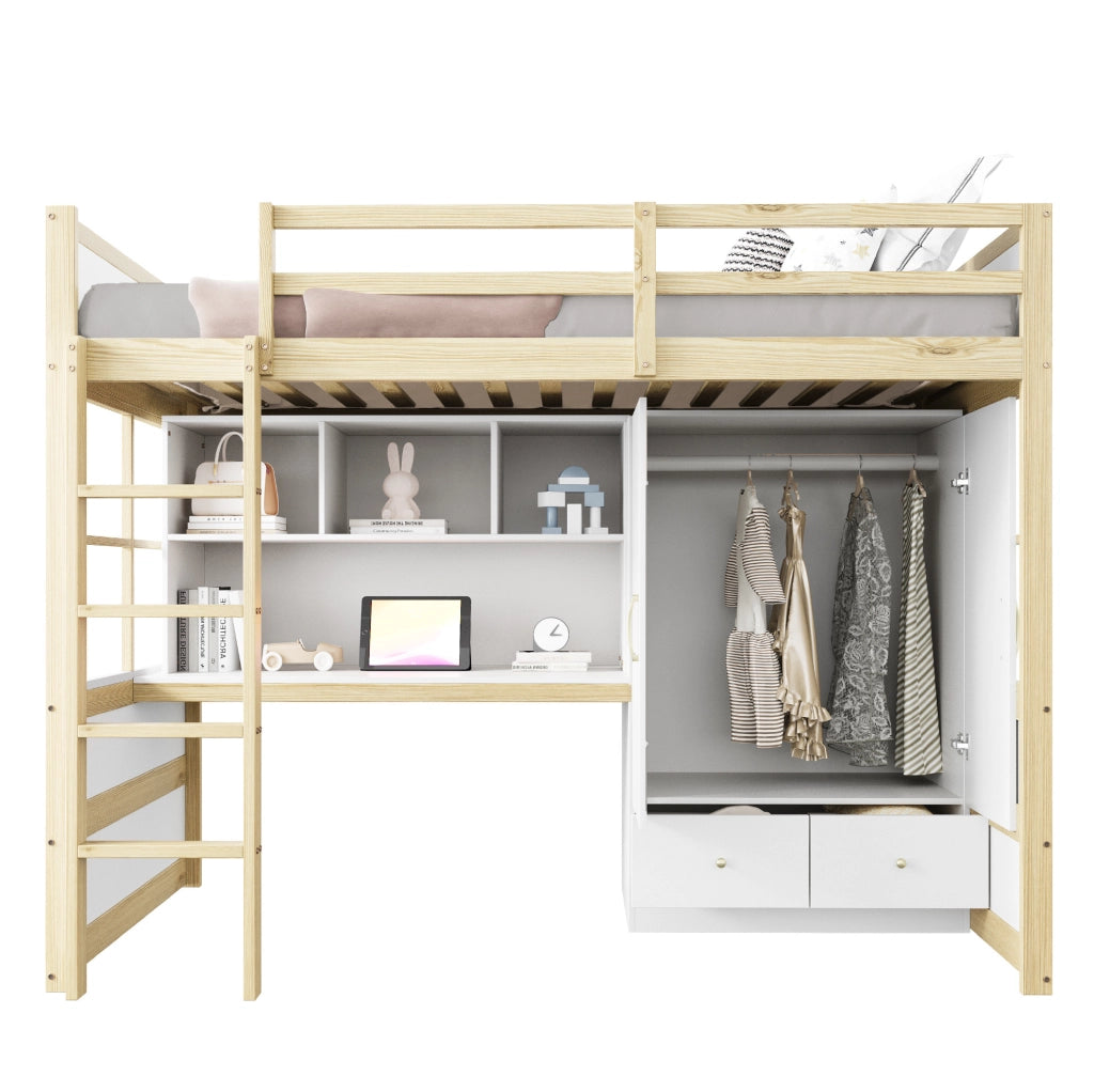 Letto a soppalco 90x200 cm con scrivania, armadio e cassetti