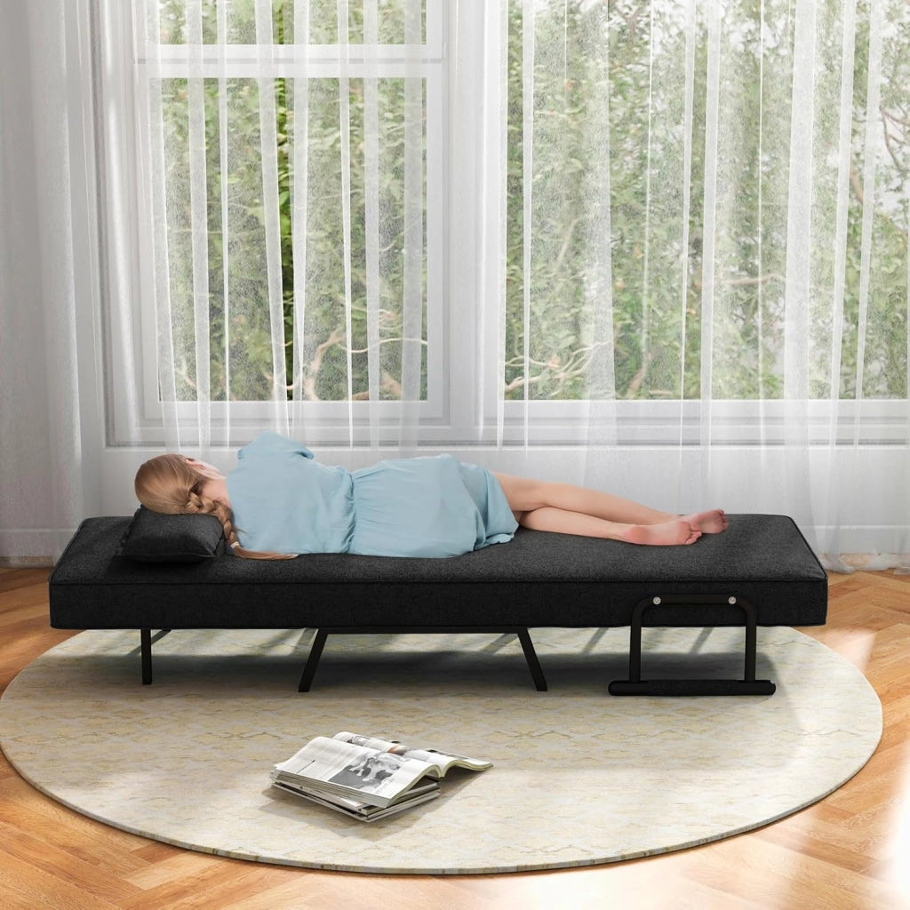 4 in 1 Poltrona Letto Singolo, Poltrona Pieghevole con Schienale Reclinabile a 6 Livelli, Divano Letto con Materasso e Cuscino, per Soggiorno e Salotto, 79 x 65 x 79 cm (Nero)