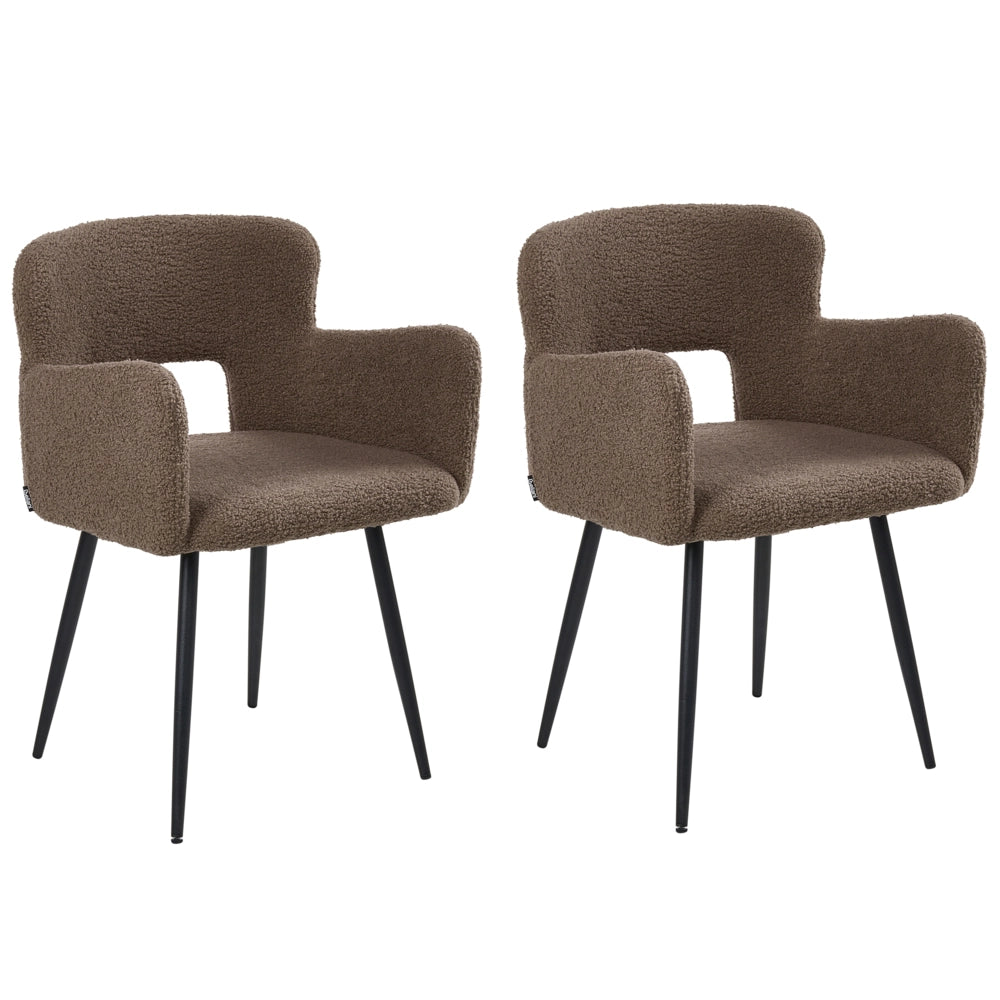 Set di 2 sedie Sedie da pranzo Marrone Teddy Bouclé con braccioli Schienale traforato Gambe in metallo nero