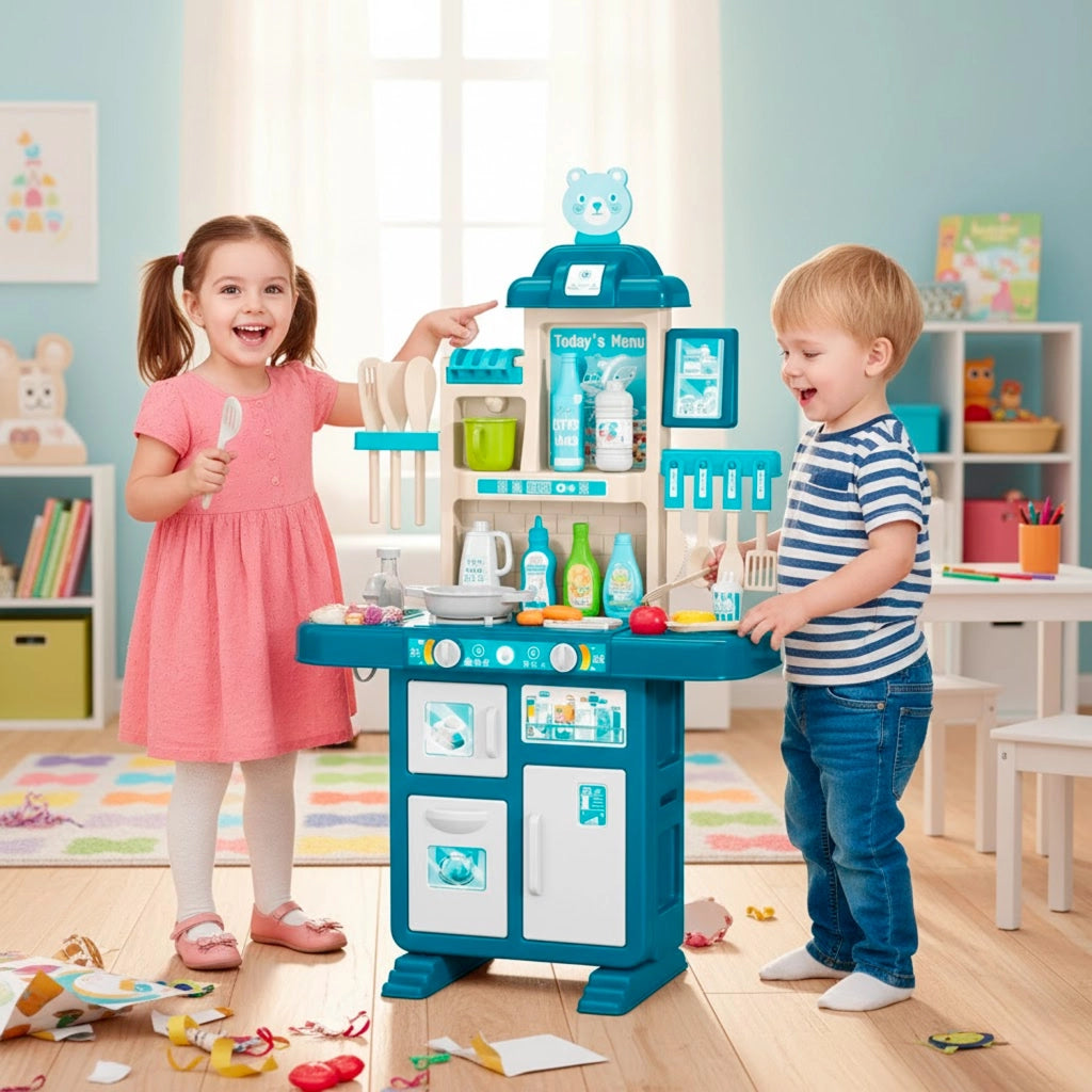 Cucina Per Bambini Con Rubinetto Con Sistema Di Riciclo Dell Acqua Luci E Suoni Realistici 69 Accessori E Fornelli Dai 3 5 Anni Set Cucina Blu E Bianco