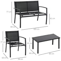 Salotto da Esterno, Set 4 Pezzi con 1 Tavolino, 2 Sedie da Giardino e 1 Panca in Metallo, Nero