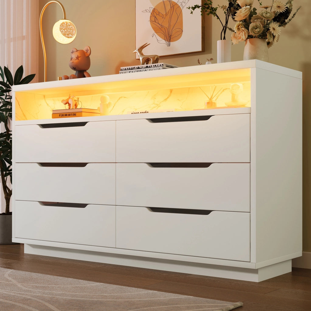 Credenza moderna con LED; 6 cassetti e vano a giorno; 120x40x85 cm; bianco