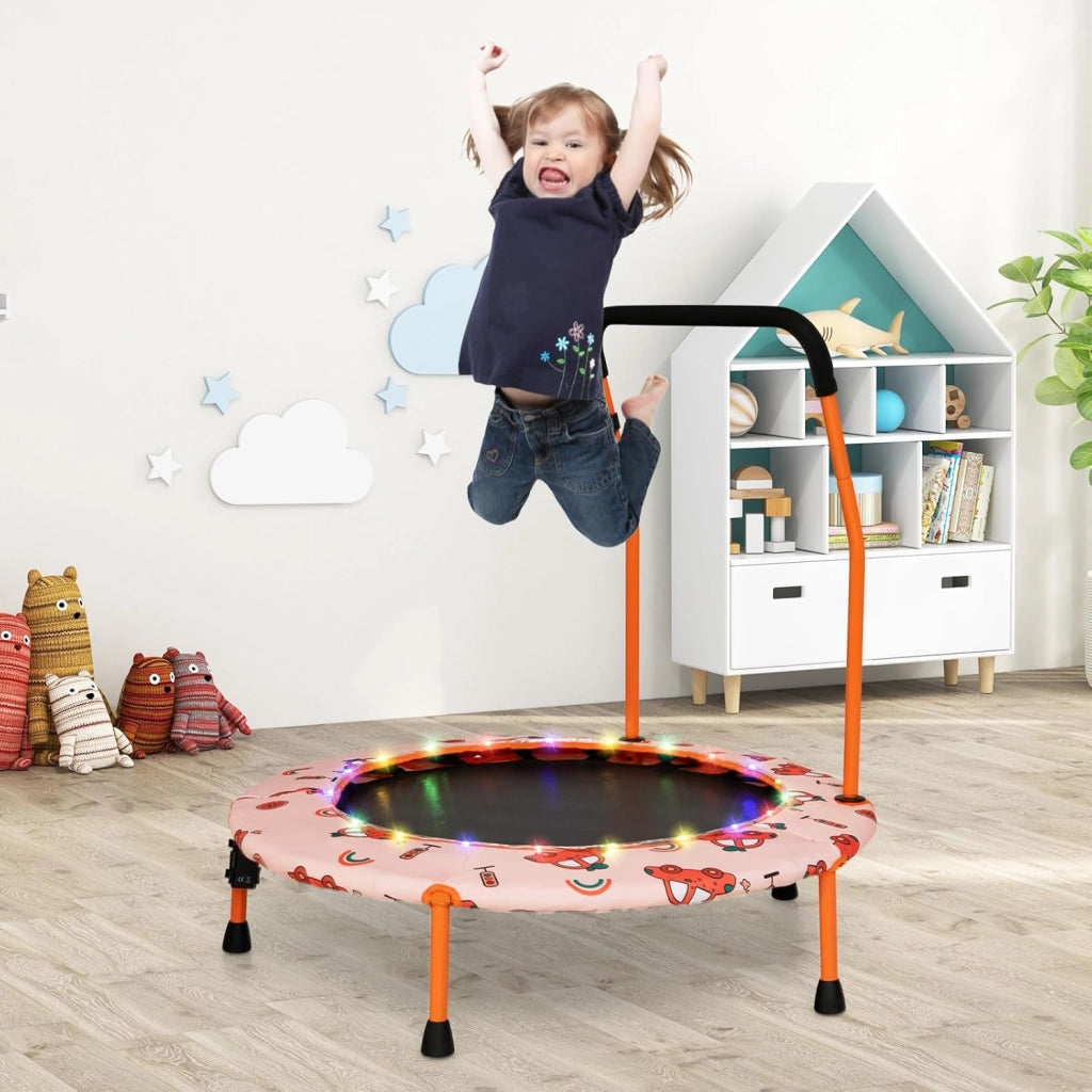 Trampolino per Bambini da Interno ed Esterno, Tappeto Elasctico Bambini 3-6 Anni in Acciaio con Maniglia Rimovibile, Luci LED, Cuscinetti Antiscivolo e Copertura Protettiva