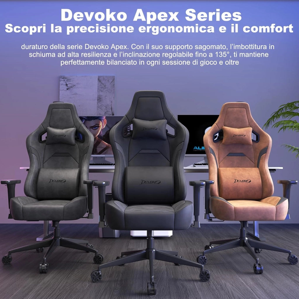 Sedia da Gaming Ergonomica in Pelle Scamosciata, Poltrona da Ufficio Gamer Reclinabile 90°-135°, Braccioli 3D Regolabili, Base in Metallo, Ruote Silenziose, Portata 180kg, Nero
