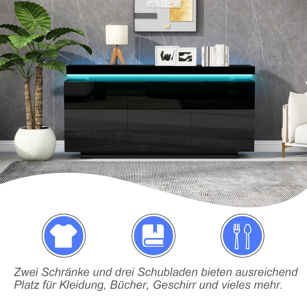 Credenza con 2 ante e 3 cassetti; illuminazione LED - per soggiorno - 140x35x72.5 cm - nera