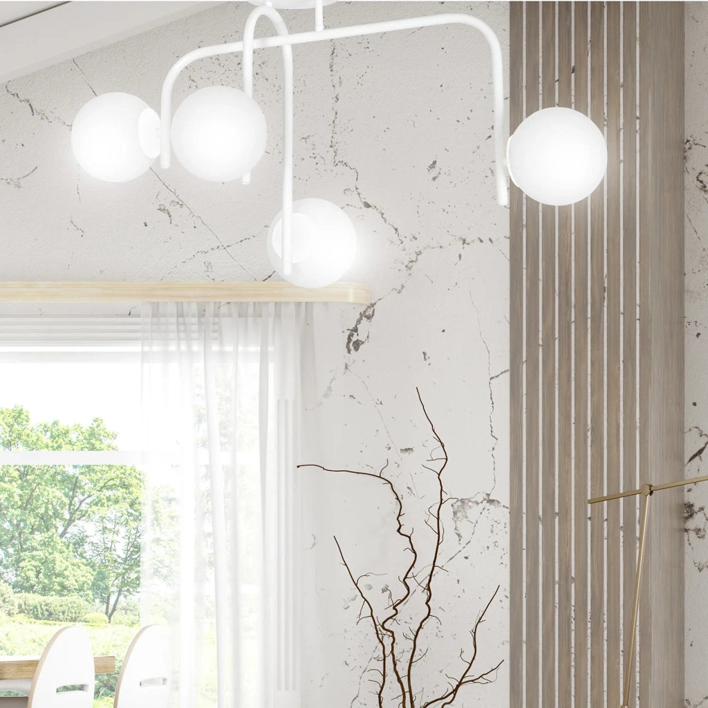 Lampadario 4 Luci Rama In Acciaio Bianco A Bracci E Sfere In Vetro Opalino