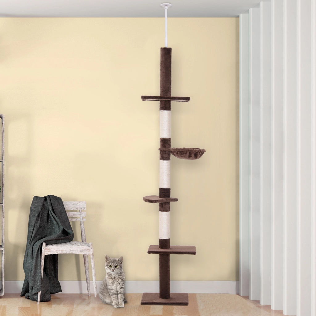 Albero Tiragraffi Multilivello a Soffitto con Amaca e Altezza Regolabile, 40x34x230-260cm, Marrone