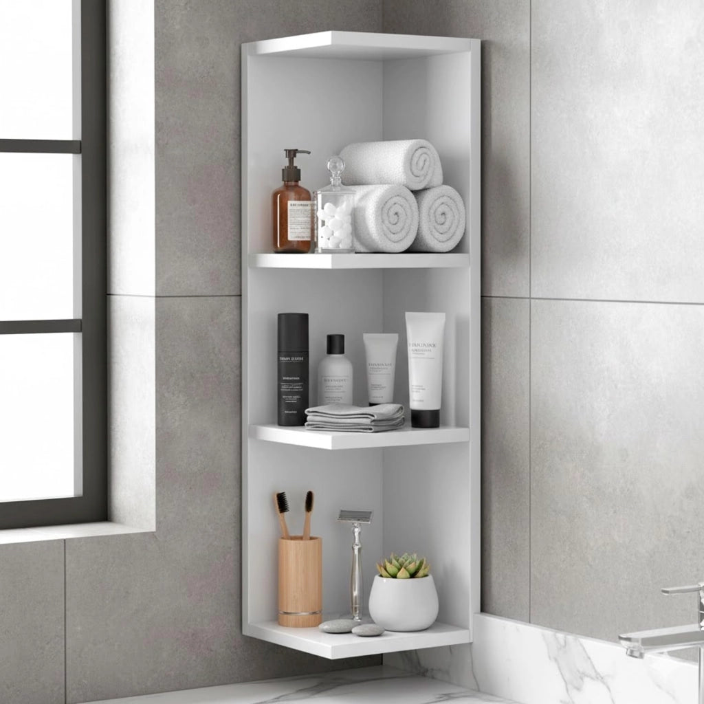 Modulo Angolare Per Bagno Sospeso Con 3 Ripiani Per Organizzare Accessori Prodotti Asciugamani Design Moderno Compatto Regina 65 x 20 x 19.5 Cm Bianco Lucido