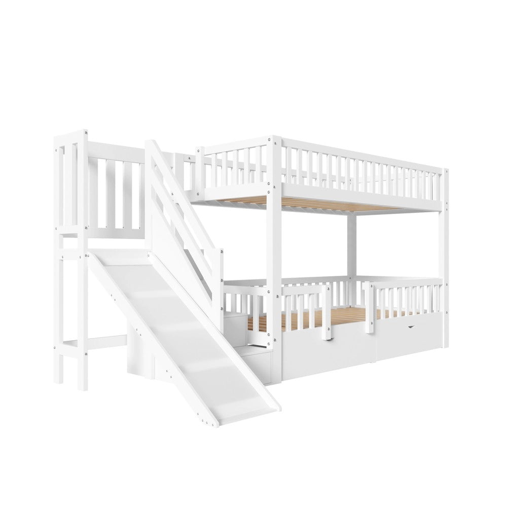 Letto a Castello per Bambini con Scivolo, Cassetti e Porta Magnetica ¨C MINIMAL ¨C Massello Bianco 90x200