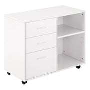 EasyComfort Mobile Porta Stampante con 3 Cassetti in Legno, Mobile Ufficio Multiuso con 4 Ruote e Ripiani Aperti, 80x40x65cm, Bianco