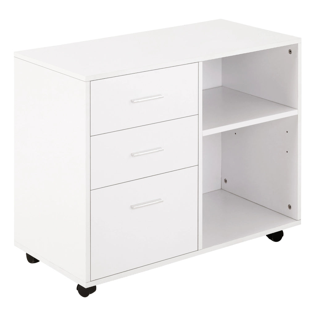EasyComfort Mobile Porta Stampante con 3 Cassetti in Legno, Mobile Ufficio Multiuso con 4 Ruote e Ripiani Aperti, 80x40x65cm, Bianco