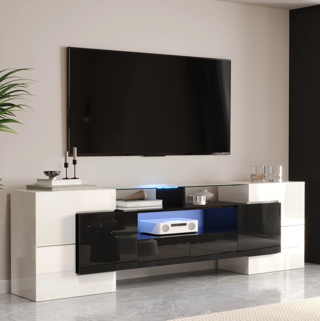 Mobile TV 200 cm bianco e nero lucido con LED, 6 ante e 2 cassetti
