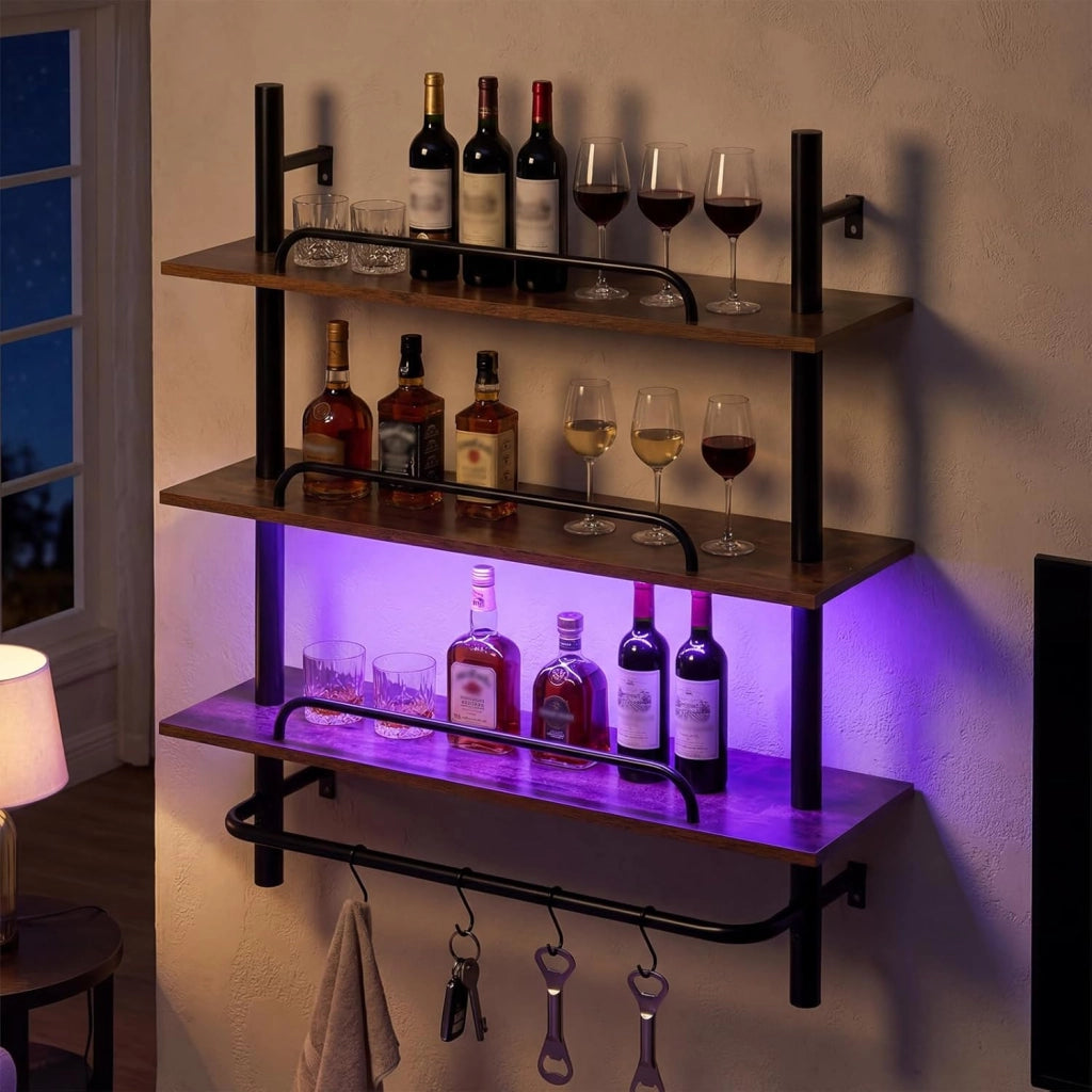 Mensola da Parete, Scaffalatura a 3 Livelli con Luce LED e 4 Ganci a S, Controllo Remoto e APP, Scaffale per Riporre e Esporre in Cucina, Camera da Letto e Soggiorno, 80,5x24x97 cm