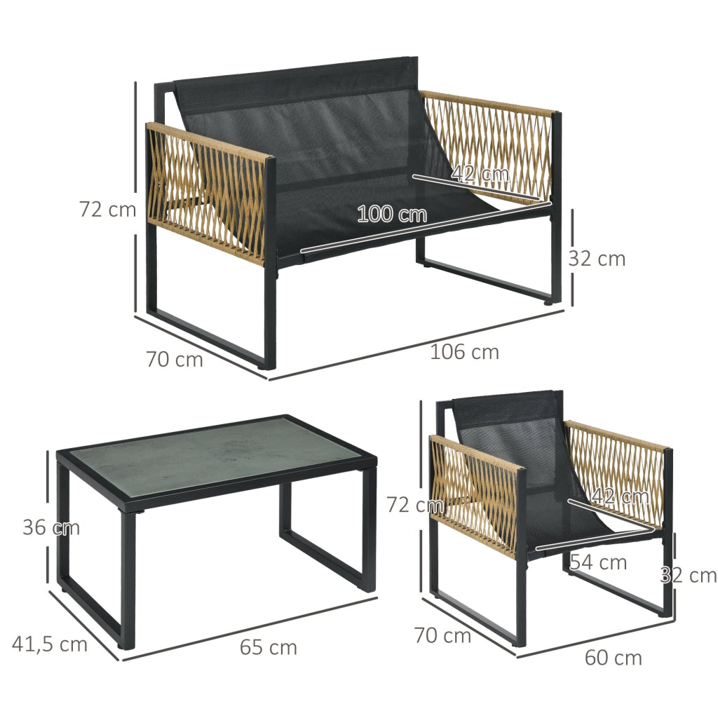 Set salotto da giardino 4 pezzi con divano 2 posti, 2 poltrone e tavolino vetro temperato ¨C Zephmum ¨C Grigio