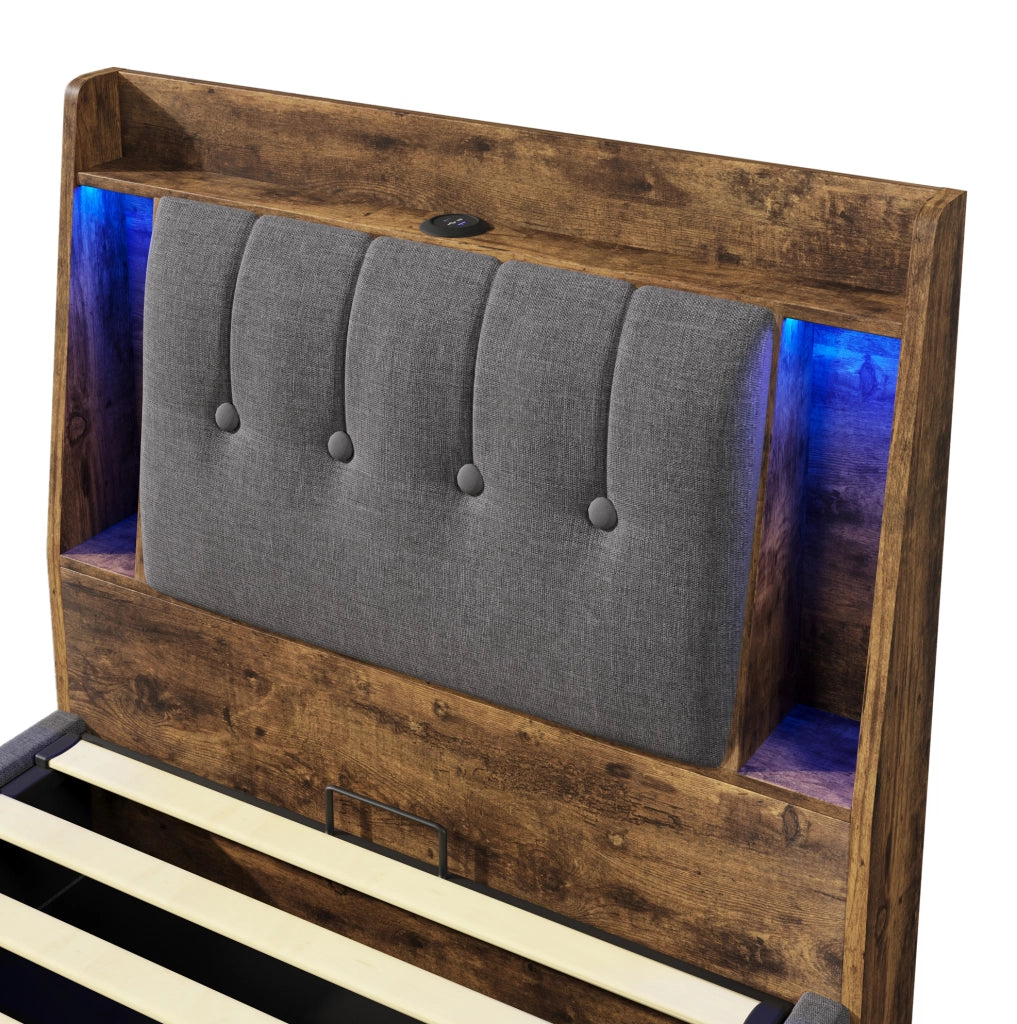 Letto imbottito grigio 90x200 cm con LED, USB/Type-C e vano contenitore