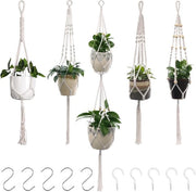 Set di corda macramè 5 pezzi per decorazione boho, set di fioriera in cotone, contenitore per piante, hanger per piante, beige, per esterni e interni, per balcone, patio, finestra.