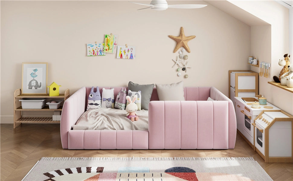 DESMIU Letto singolo 90 × 200 cm con barriera di sicurezza, schienale imbottito, senza materasso, in MDF, rosa