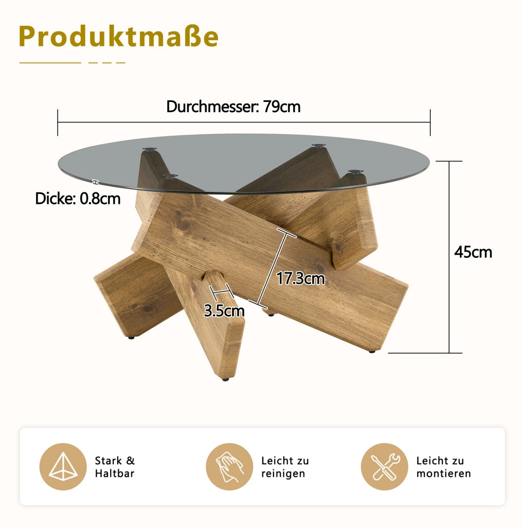 Tavolino rotondo Ø 79 cm color legno in MDF e vetro temprato