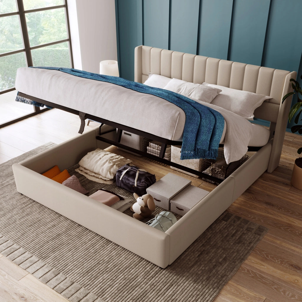 Letto matrimoniale con idraulica - Xylo - 160x200 - Beige - Tessuto di lino con materasso