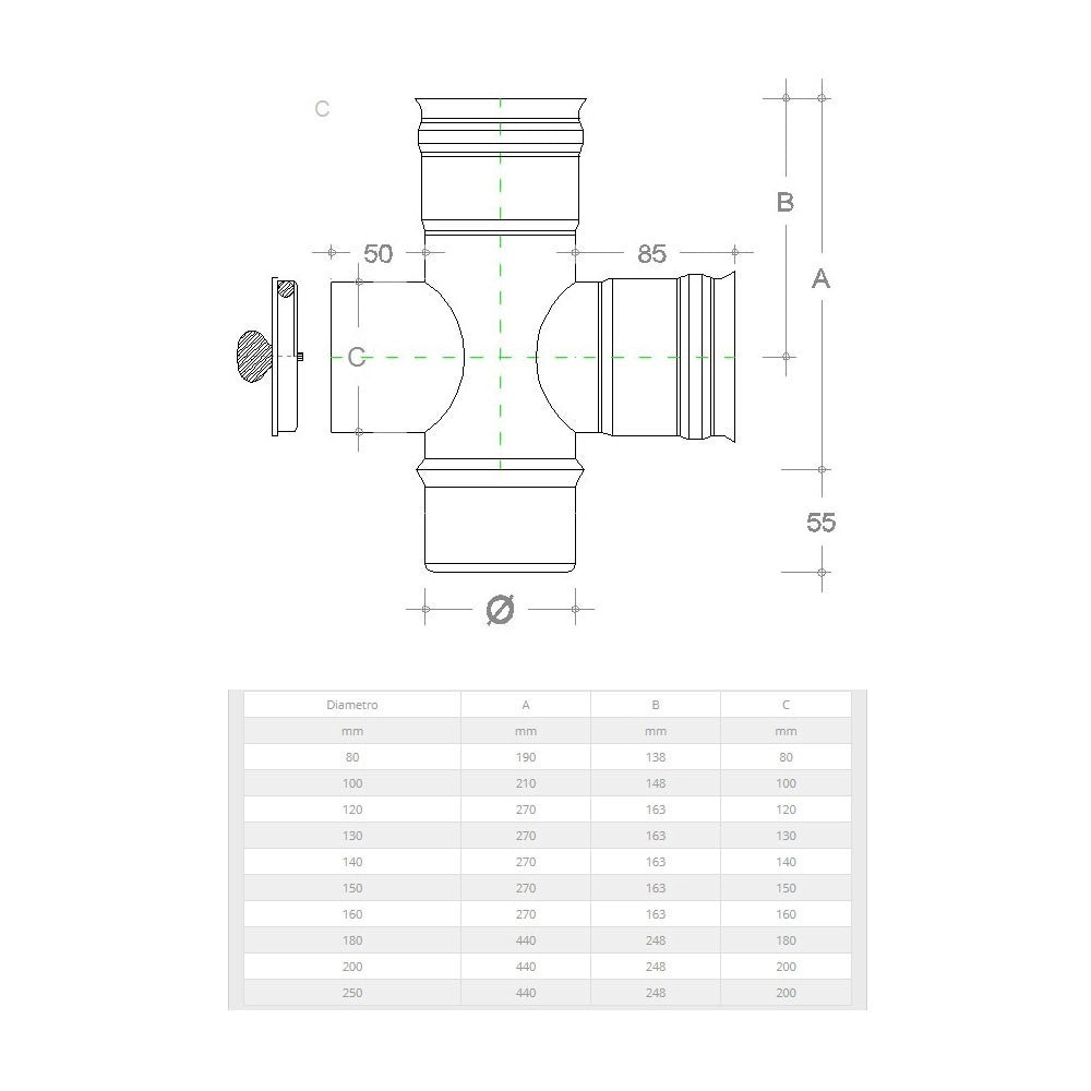 Raccordo a t da 230mm in acciaio inox croce con ispezione 5 decimi aisi 304