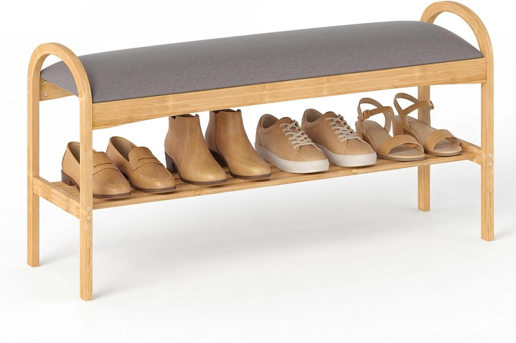 Scarpiera con Cuscino, Panca Porta Scarpe in Bambù per Ingresso con Ripiano, Panca Imbottita per Ingresso Corridoio Camera da Letto (Stile 1)