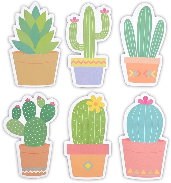 Nota adesiva con disegno di cactus - 6 confezioni - 30 fogli per confezione - colore neon
