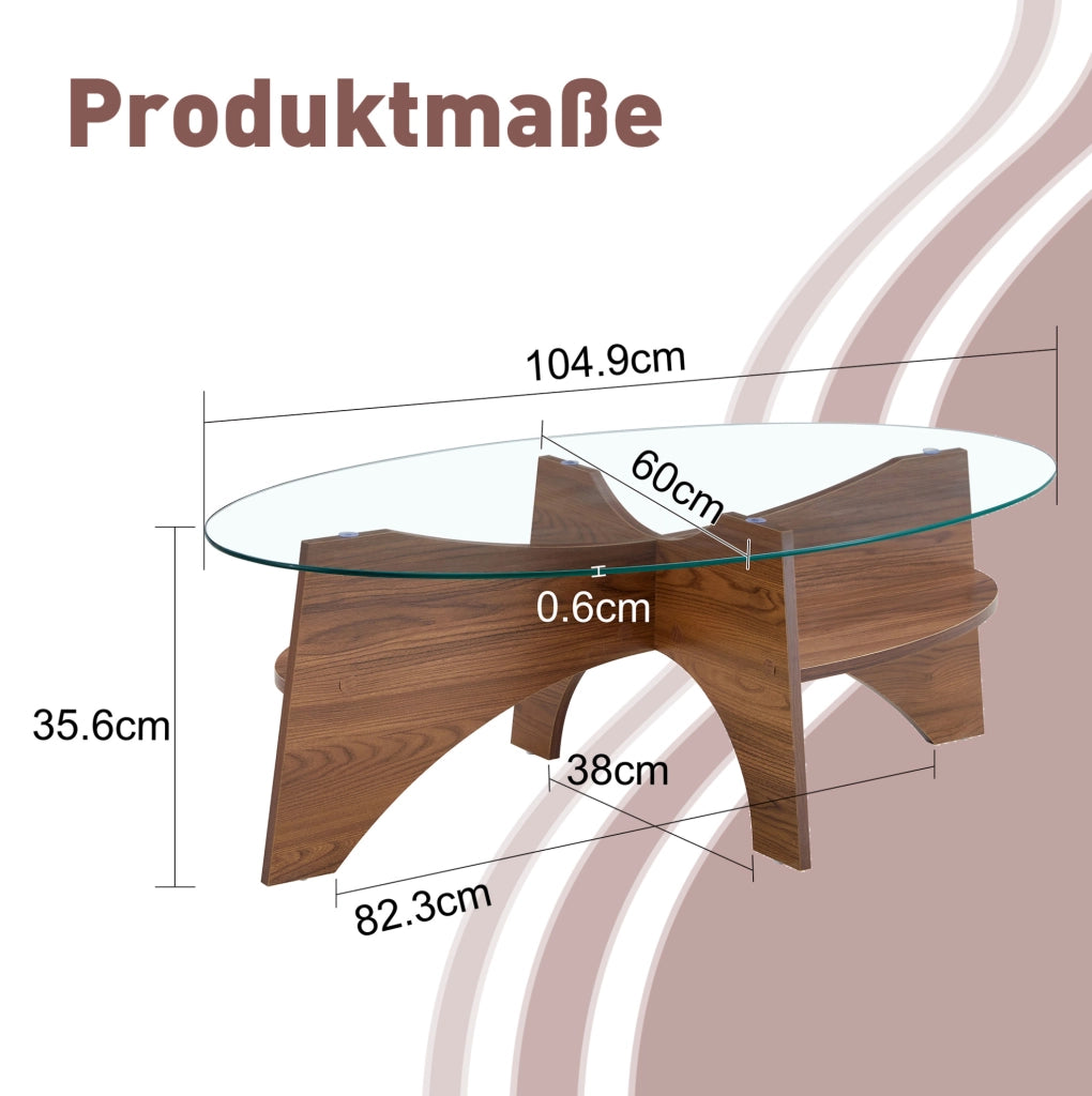 Tavolino da caffè ovale in vetro di sicurezza e MDF color noce con ripiano inferiore