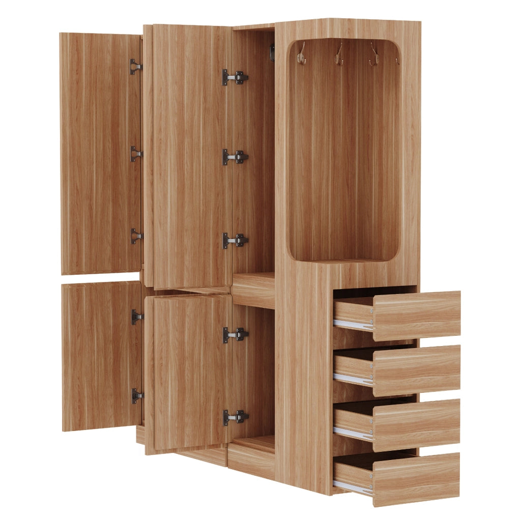 Armadio guardaroba 140 x 40 x 170 cm in legno naturale; con cassetti e vani contenitore