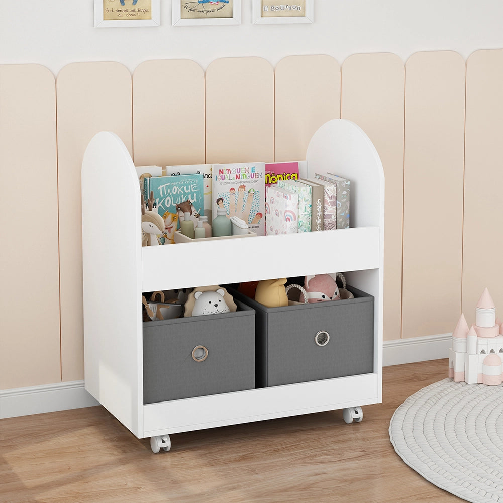 Scaffale per Bambini 2 Cassetti Tessuto Libreria Ruote Scaffalatura Portaoggetti