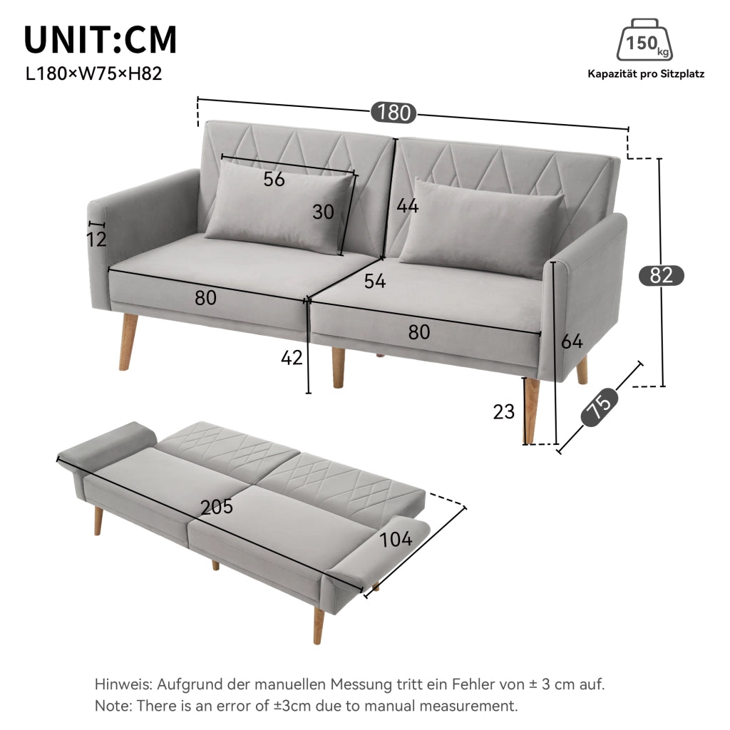 Divano Letto 2 Posti in Velluto ¨C MINIMAL ¨C Grigio