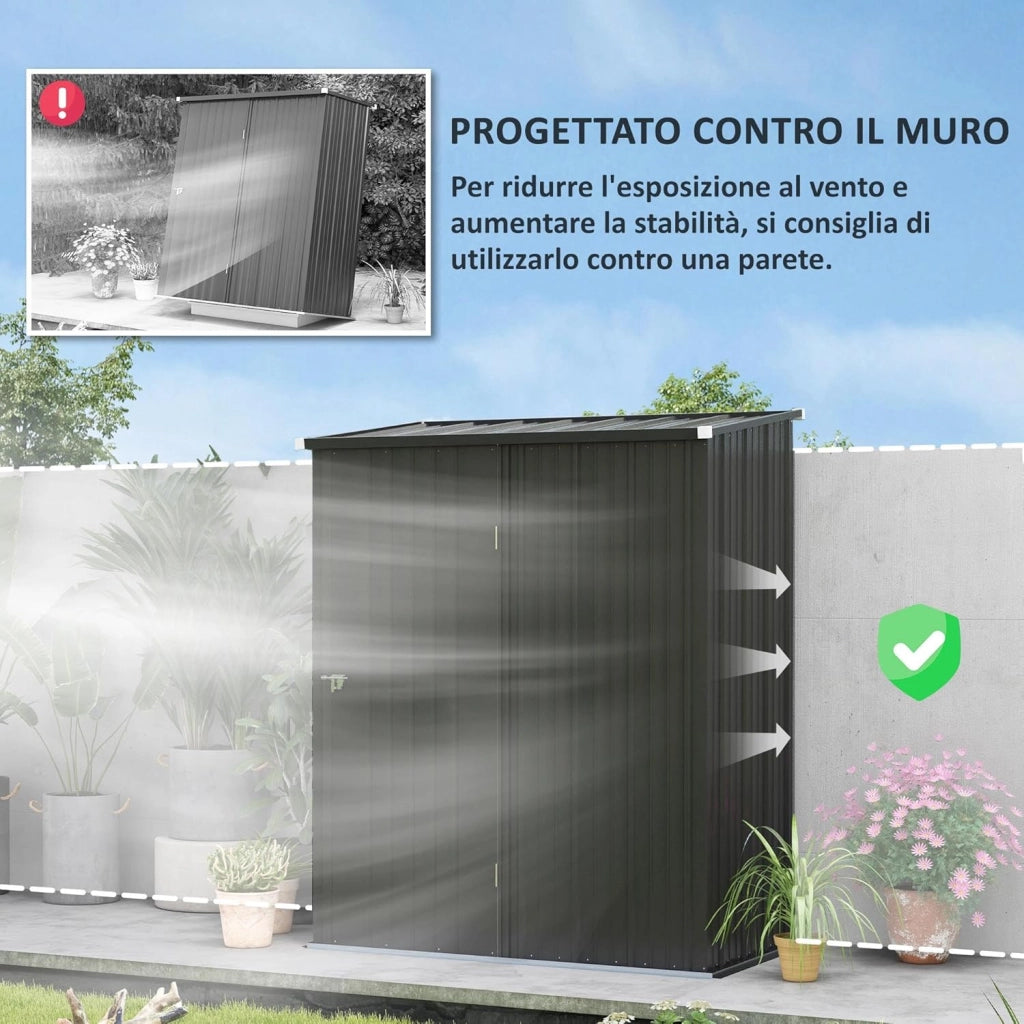 Casetta da Giardino 1.34m² in Acciaio Zincato, Capanno da Giardino con Tetto Inclinato, Guanti e Porta Bloccabile, Capanno Porta Attrezzi, 161.5x94.5x196cm, Nero