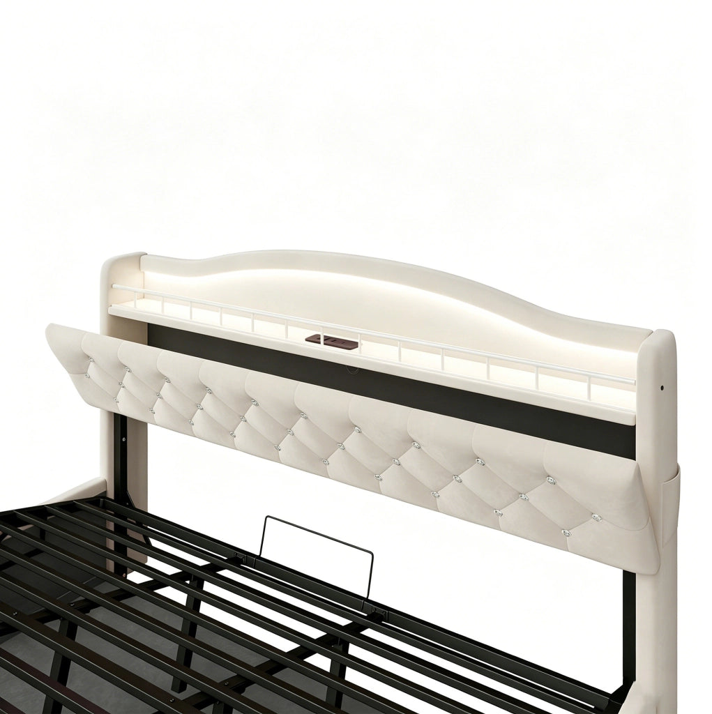 Letto imbottito 180x200 cm con contenitore idraulico; USB e USB-C; tessuto e metallo beige